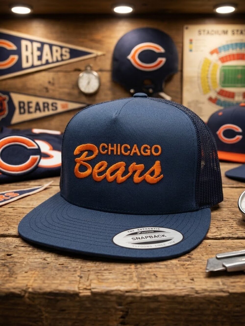 Retro Chicago Bears Hat Script Football Navy Blue Yupoong Flat Bill Snapback USA